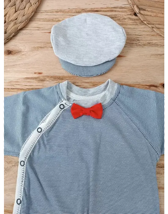 Omarı Lacivert Papyonlu Bebek Tulumu Çıtçıt Kapama İle