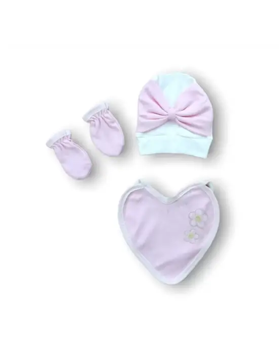 Omarı Çiçek Desenli 5li Bebek Zıbın Takımı Pembe