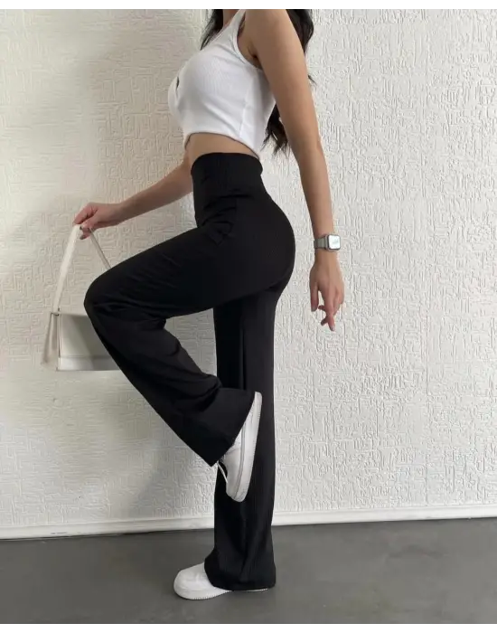 Omarı Fitilli Siyah Palazzo Pantolon - Trendy ve Rahat Stil