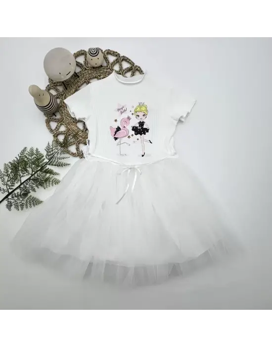Omarı Flamingo Baskılı Astarlı Kız Çocuk Tütü Elbise - Beyaz