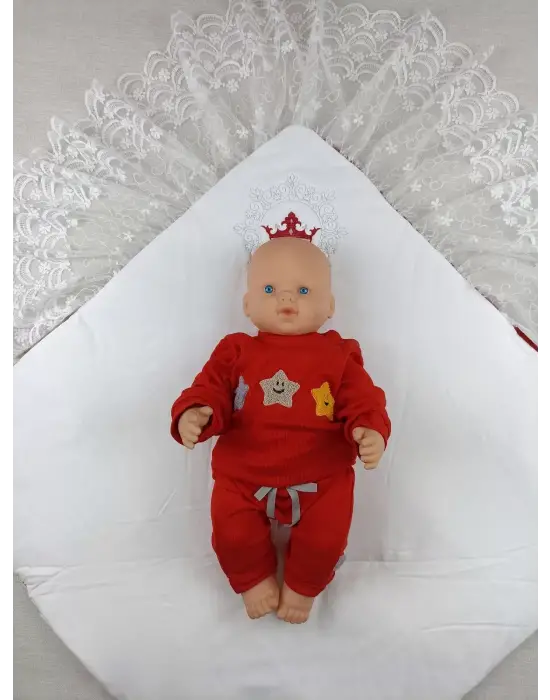 Omarı İnci Fiyonklu Yenidoğan Dantel Duvaklı Bebek Battaniye - Bordo