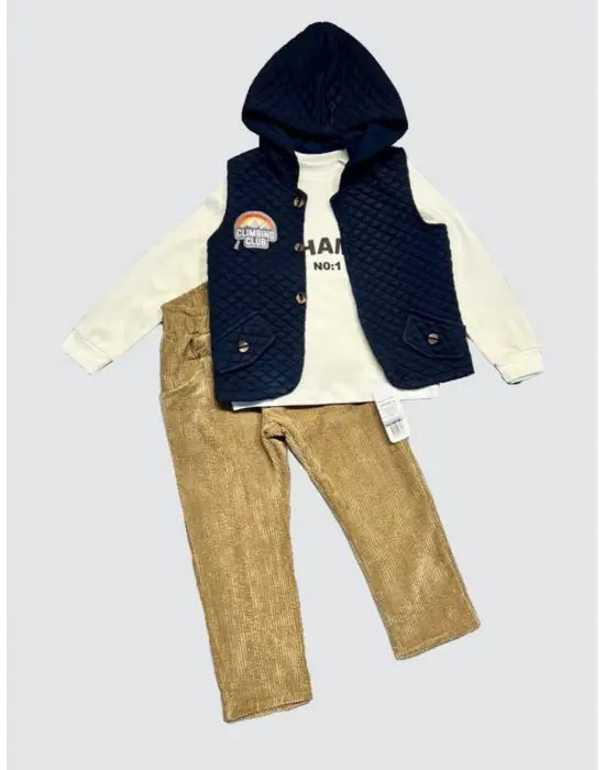 Omarı 3-4-5 Yaş Kapitone Kapşonlu Yelekli Erkek Çocuk Takımı Lacivert