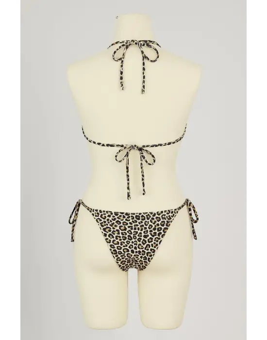 Omarı Siyah ve Leopar Detaylı Yandan Bağlamalı Bikini