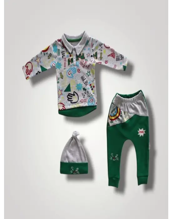 Omarı Kedi Nakışlı Bebek Sweat Takımı Yeşil