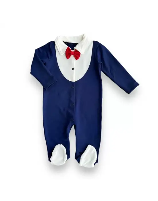 Omarı Papyonlu Lacivert Bebek Tulumu 3-6 Ay İçin