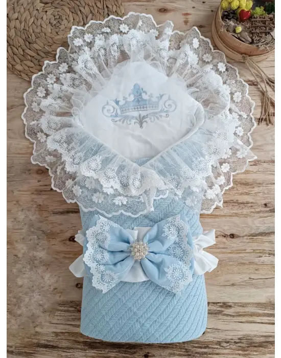 Omarı İncili Güpür Detaylı Bebek Battaniyesi Mavi
