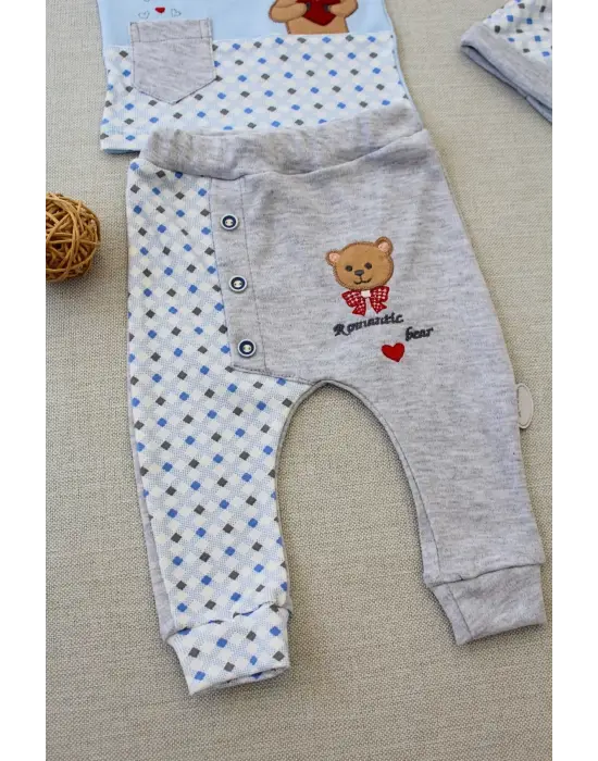 Omarı Romantik Ayıcık Nakışlı Bebek Takımı Mavi