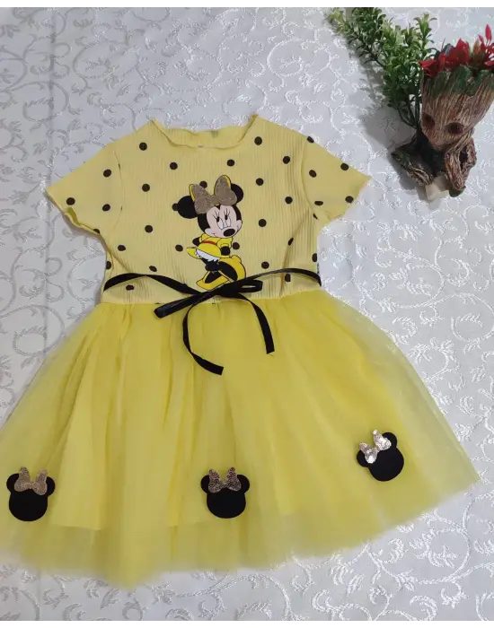 Omarı Mickey Baskılı Puantiyeli Bebek Tütü Elbisesi - Sarı