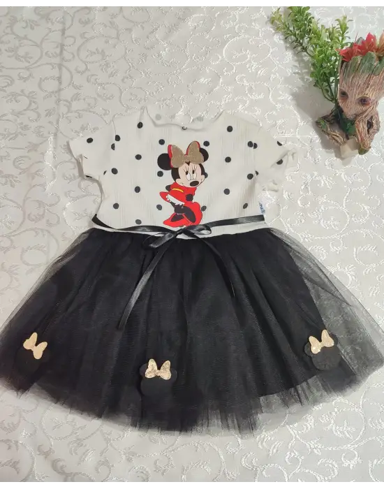Omarı Puan Desenli Mickey Baskılı Bebek Tütü Elbisesi Siyah
