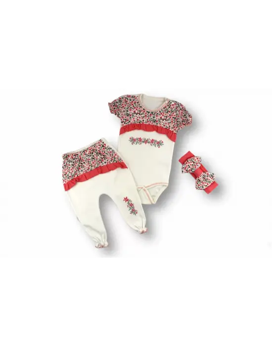 Omarı Trendy Mimoza Desenli Bandanalı Kız Bebek 3lü Takım