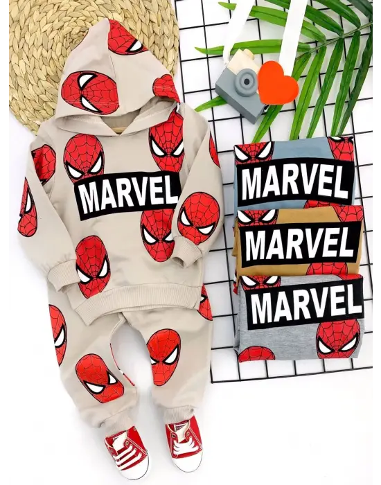 Omarı Örümcek Adam Baskılı Kapşonlu Bebek Takımı