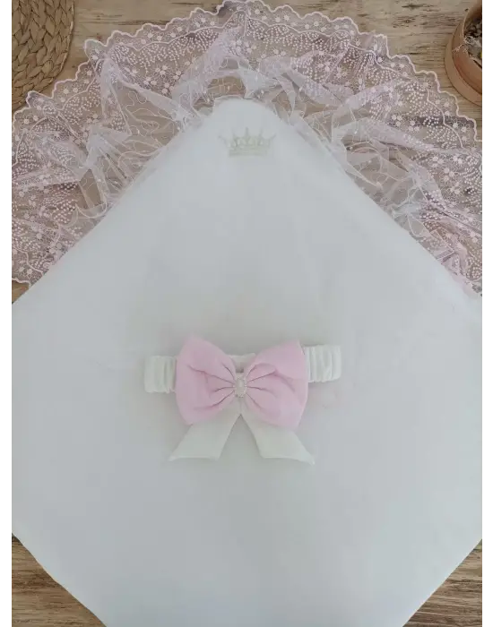 Omarı Pembe İnci Dantel Taçlı Bebek Battaniyesi