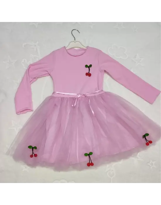 Omarı Çocuk Tütü Elbise - Kiraz Desenli Astarlı Uzun Kollu Pembe