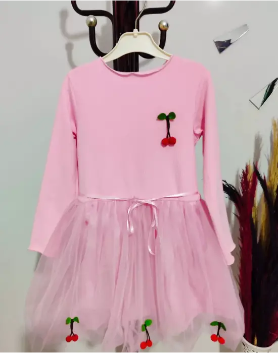 Omarı Çocuk Tütü Elbise - Kiraz Desenli Astarlı Uzun Kollu Pembe