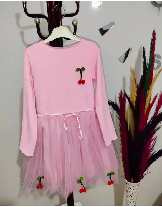 Omarı Çocuk Tütü Elbise - Kiraz Desenli Astarlı Uzun Kollu Pembe