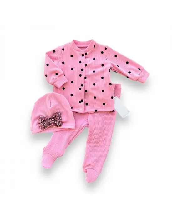 Omarı Puantiyeli Şirin Kız Bebek Takımı Pembe