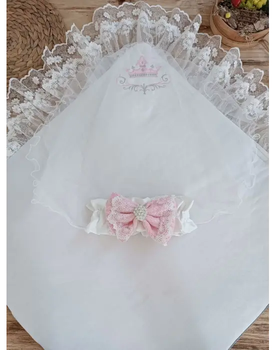 Omarı Pembe Prizma Taş Nakışlı Yenidoğan Bebek Battaniyesi