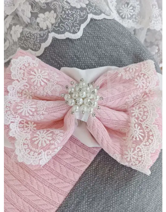 Omarı Pembe Prizma Taş Nakışlı Yenidoğan Bebek Battaniyesi