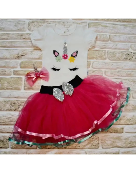 Omarı Ponilerle Dolu 9-12-18 Ay Kısa Kollu Tütü Bebek Takımı Fuşya