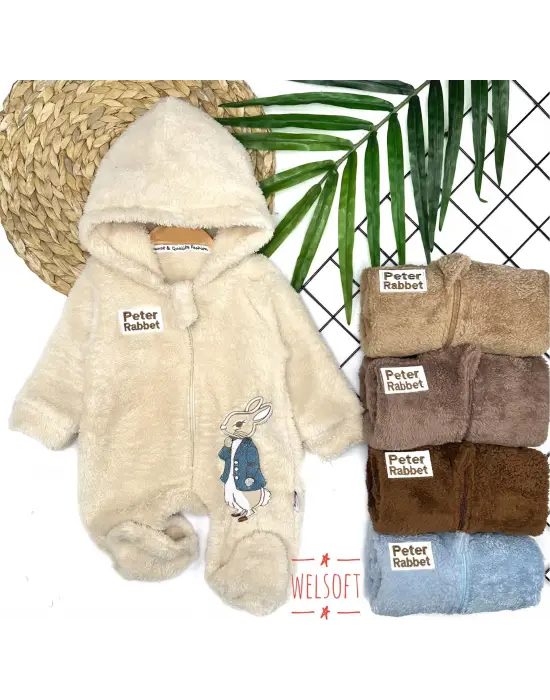 Omarı Tüylü Erkek Bebek Tulumu - Rabbit Tavşan Nakışlı Patikli Krem