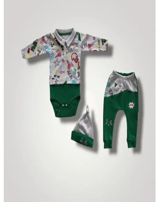 Omarı Şirin Power Kedi Nakışlı Bebek Takımı - Yeşil