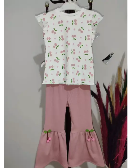 Omarı Kiraz Baskılı İspanyol Paçalı Kız Çocuk Takımı