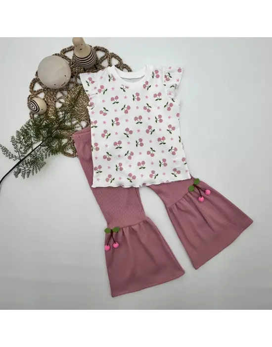 Omarı Kiraz Baskılı İspanyol Paçalı Kız Çocuk Takımı