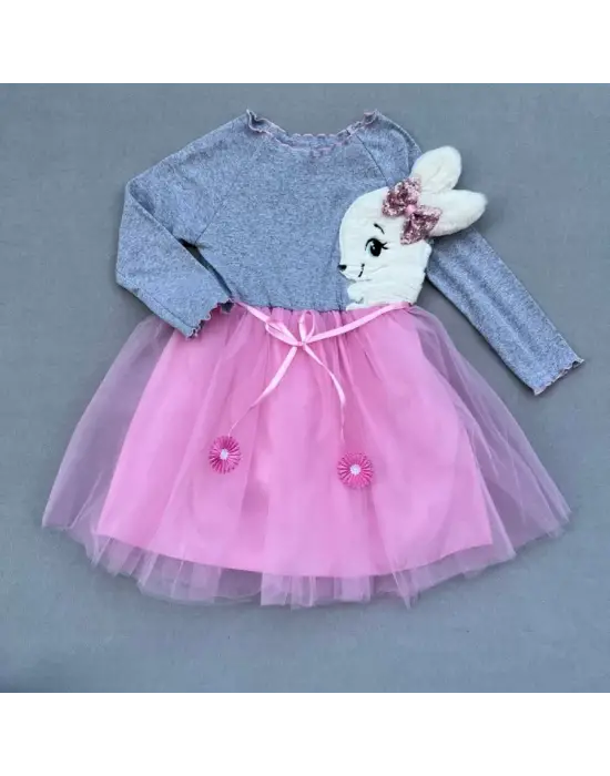 Omarı Pelüş Tavşan Desenli Pembe Tütü Elbise