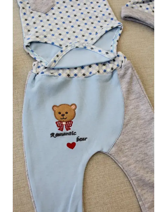 Omarı Romantik Ayıcık Nakışlı Şapkalı Bebek Takımı Mavi