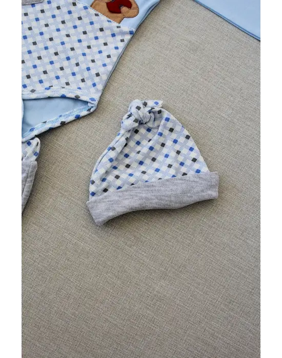 Omarı Romantik Ayıcık Nakışlı Şapkalı Bebek Takımı Mavi