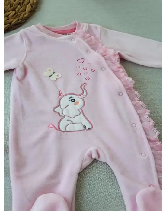 Omarı Romantik Fil Nakışlı Kız Bebek Tulumu