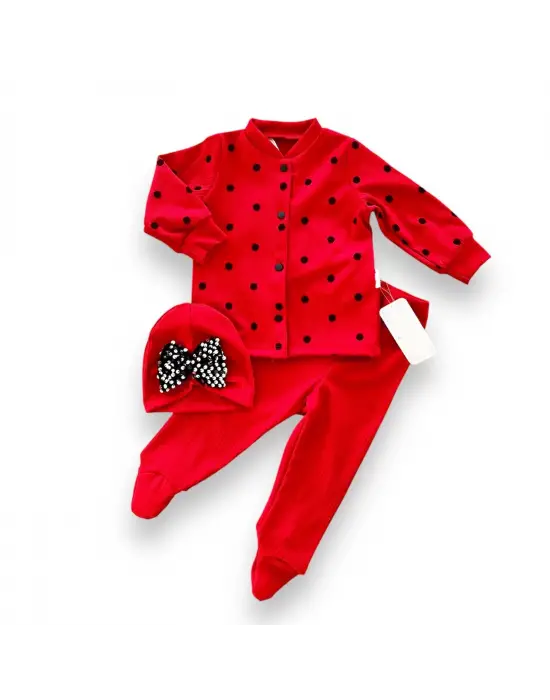 Omarı Puantiyeli Şapkalı Kız Bebek Takımı