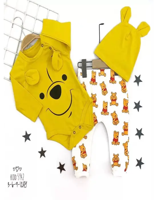 Omarı Ayıcık Desenli Zıbınlı Bebek Takımı Sarı