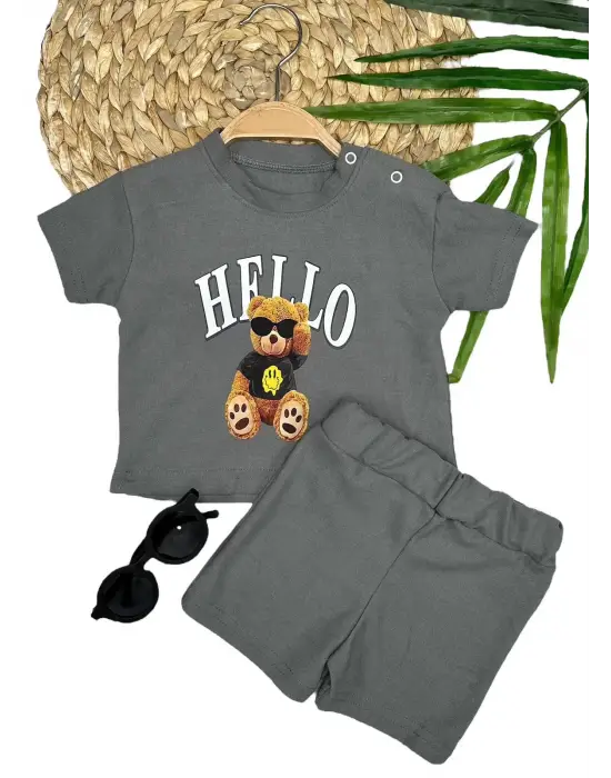 Omarı Sevimli Ayıcık Desenli Kısa Kollu Bebek Takımı