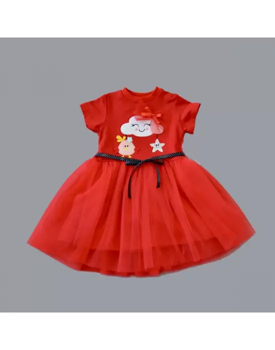 Omarı Tül Tokalı Kırmızı Kız Bebek Elbisesi