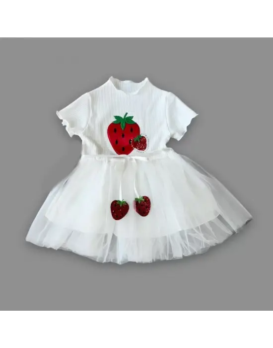 Omarı Payetli Çilek Desenli Kız Bebek Elbisesi Beyaz