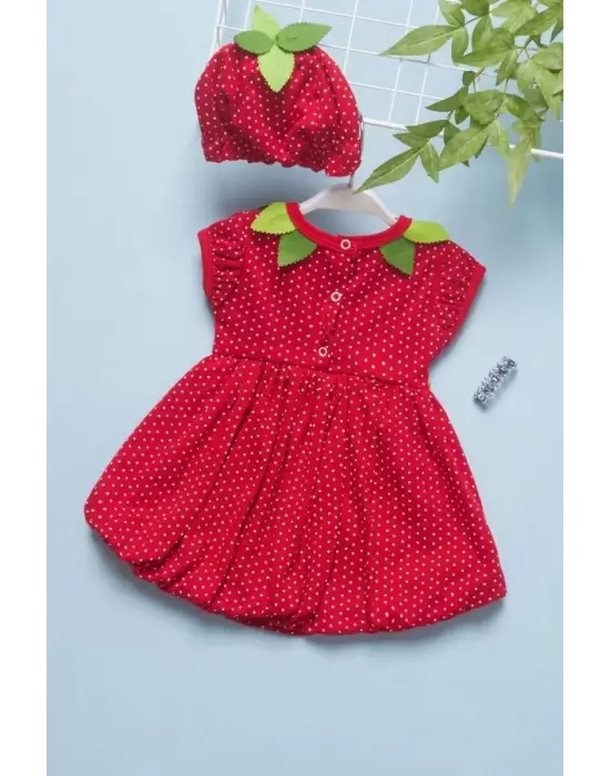 Omarı Çilek Desenli Bebek Elbisesi Kırmızı