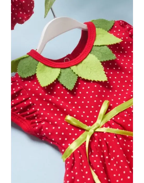 Omarı Çilek Desenli Bebek Elbisesi Kırmızı