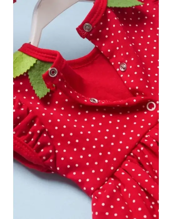 Omarı Çilek Desenli Bebek Elbisesi Kırmızı