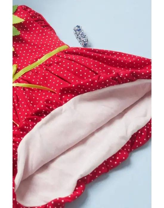 Omarı Çilek Desenli Bebek Elbisesi Kırmızı