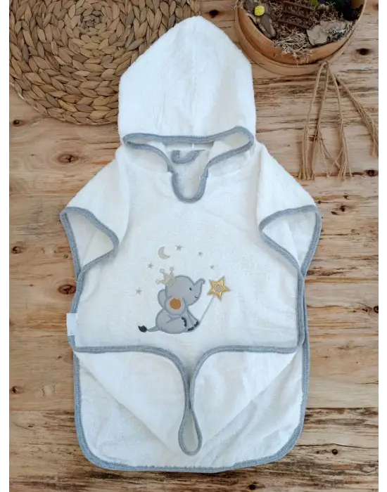 Omarı Yumuşak Fil Desenli Bebek Havlu Seti - Ekru