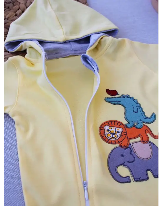 Omarı Hayvanlar Alemi Nakışlı Kapşonlu Bebek Tulumu Sarı