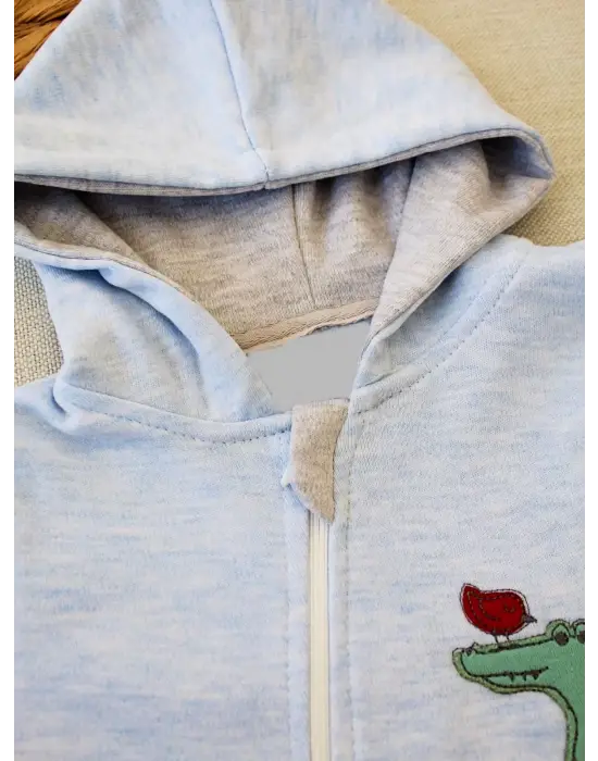 Omarı Hayvanlar Alemi Nakışlı Kapşonlu Bebek Tulumu Mavi