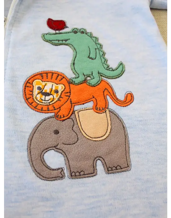 Omarı Hayvanlar Alemi Nakışlı Kapşonlu Bebek Tulumu Mavi