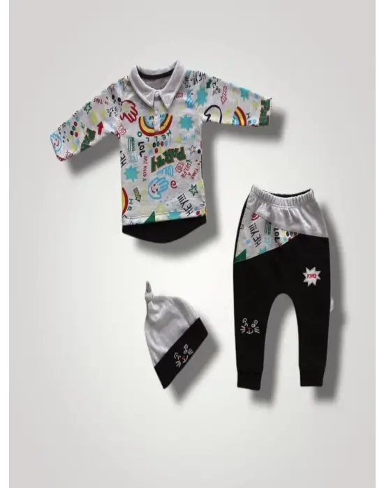 Omarı Şirin Kedi Nakışlı Bebek Sweat Takımı Siyah