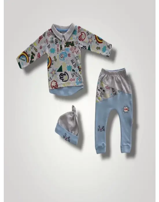 Omarı Power Kedi Nakışlı Bebek Sweat Takımı Mavi