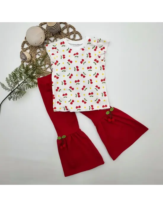 Omarı Kiraz Baskılı İspanyol Paçalı Kız Çocuk Takımı