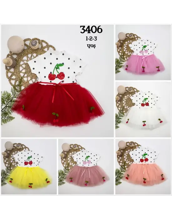 Omarı Payetli Kiraz Nakışlı Bebek Tütü Elbisesi