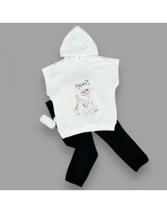 Omarı Sevimli Kapşonlu Kız Erkek Çocuk Takımı Siyah