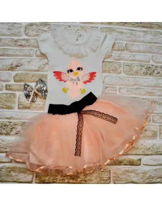Omarı Kuş Desenli Tişört ve Tütü Etek Kız Bebek Takımı